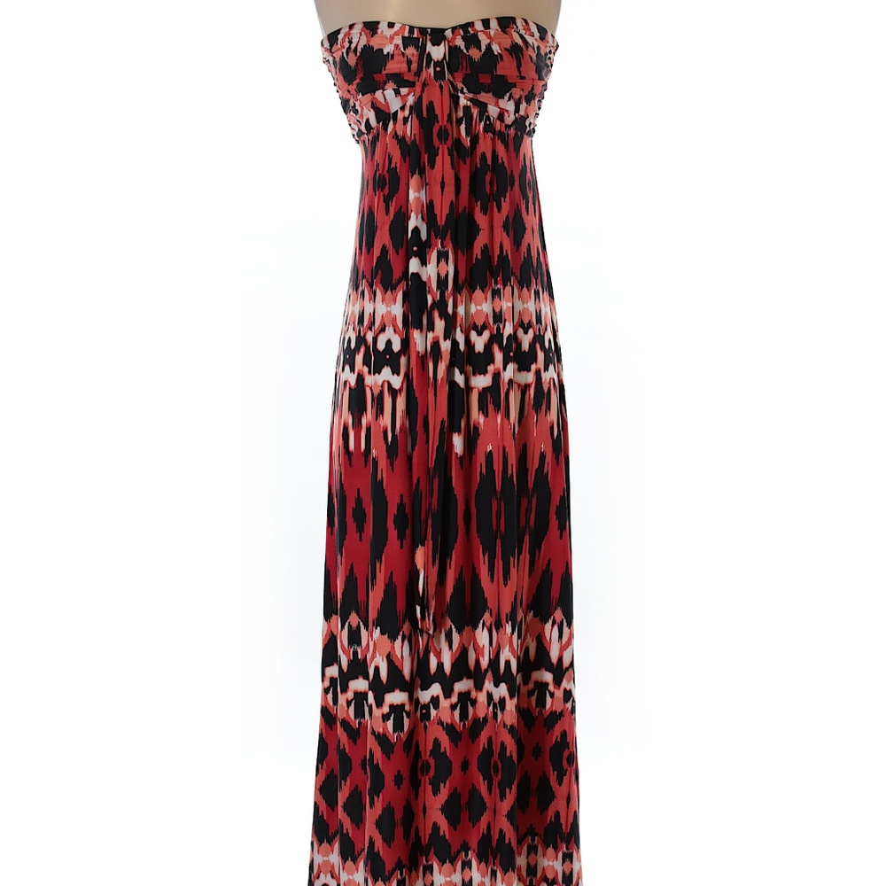 Soma Strapless Maxi Dress in Red, Black, Cream Ikat Print
